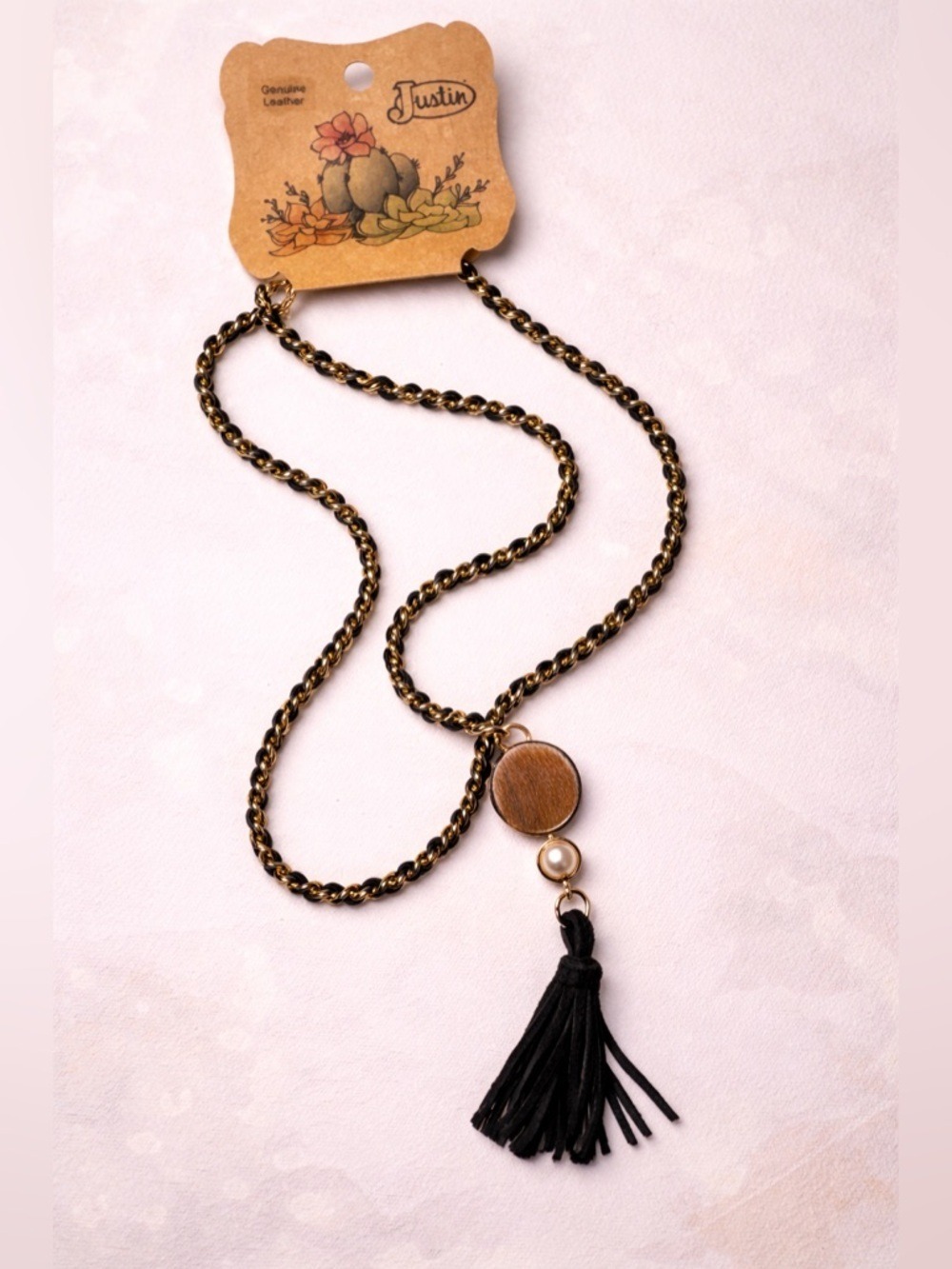Justin Western Tassel Necklace 🤠 Boho Cowgirl Chain Wood Charm Pearl Accent